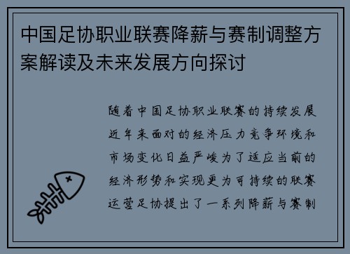 中国足协职业联赛降薪与赛制调整方案解读及未来发展方向探讨